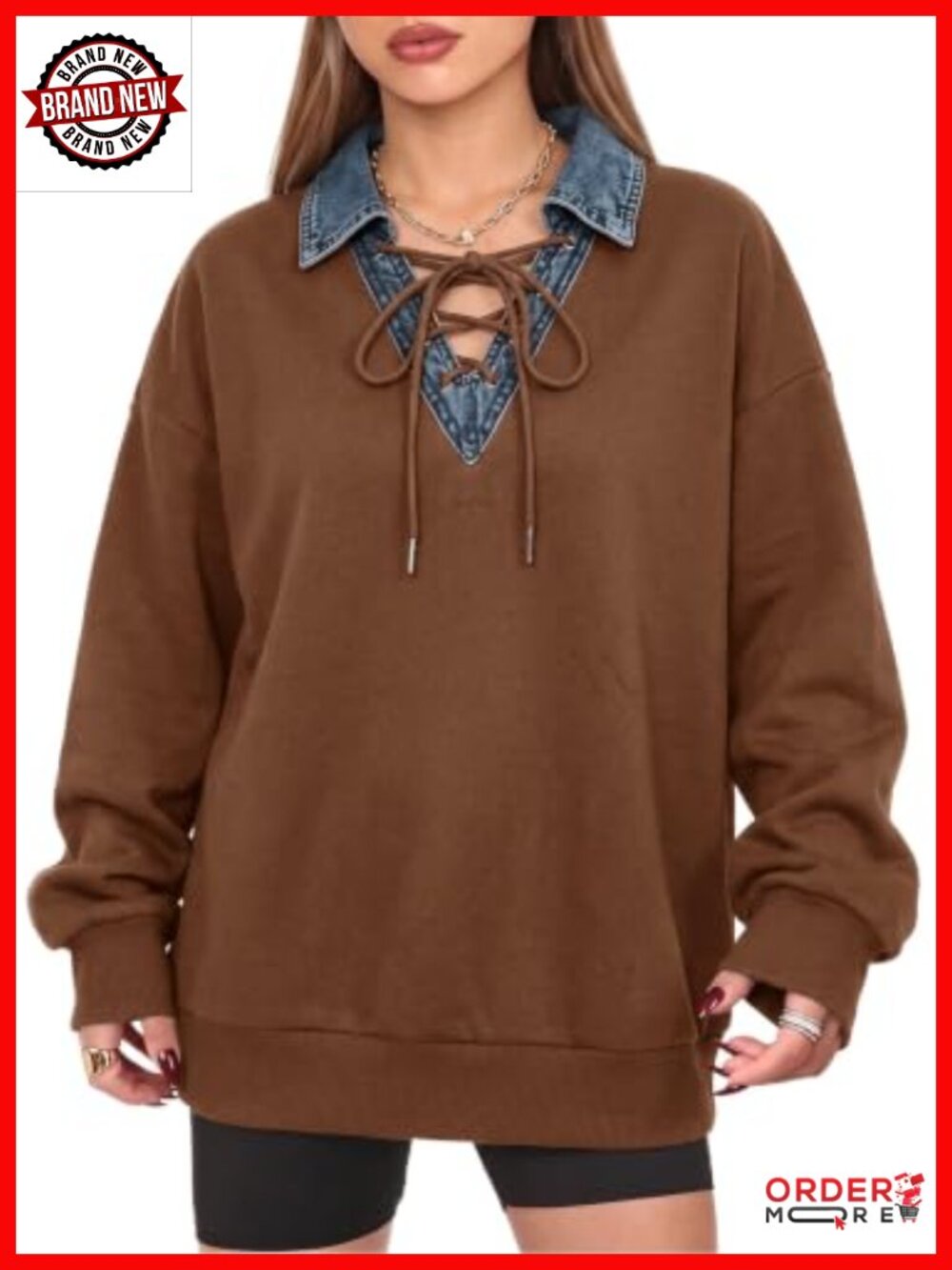 Oversized Lace-Up Denim Collar Sweatshirt Pullover